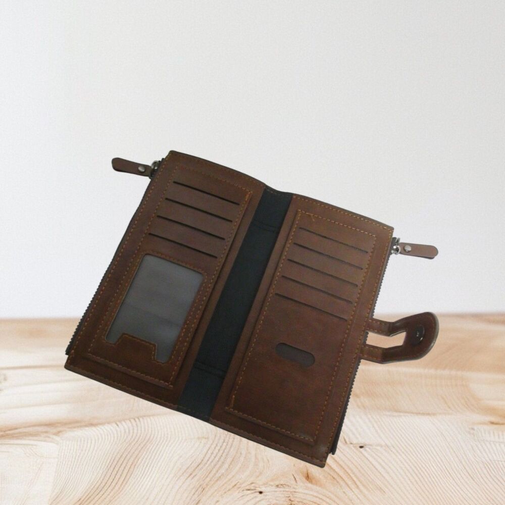 Ladies Faux Leather  Wallet Long Purse Phone holder clutch Solid Dark Coffee